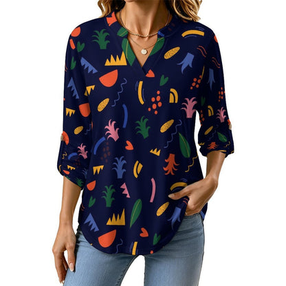 Stand-up Collar Long-sleeved Shirt Mexico Pattern  Customization Women’s V-Neck Blouses,long Sleeve,Roll-Up Sleeve Shirt