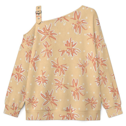 Off-the-shoulder Sweater Floral Pattern  Asymmetric Cold Shoulder Knit Sweater for Women, Adjustable Buckle Strap Long Sleeve Casual Slouchy Pullover
