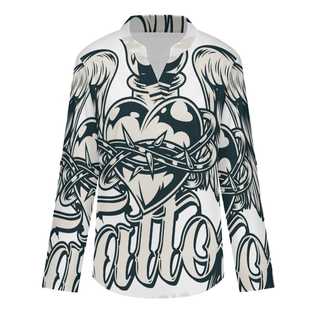 Stand-up Collar Long-sleeved Shirt Heart, Angel, Wings  Customization Women’s V-Neck Blouses,long Sleeve,Roll-Up Sleeve Shirt