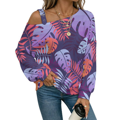 Off-the-shoulder Sweater Tile Pattern-Leaf-Purple-Pink  Asymmetric Cold Shoulder Knit Sweater for Women, Adjustable Buckle Strap Long Sleeve Casual Slouchy Pullover