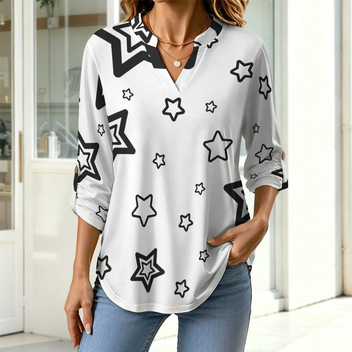 The Stars Repeat The Black Pattern  Versatile Notched V-Neck Tunic | Roll Tab 3/4 Sleeve Office Casual Top