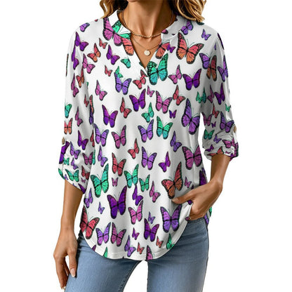 Versatile Notched V-Neck Tunic | Roll Tab 3/4 Sleeve Office Casual Top  Colorful Butterflies