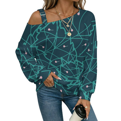 Off-the-shoulder Sweater Line Design, Flowers  Asymmetric Cold Shoulder Knit Sweater for Women, Adjustable Buckle Strap Long Sleeve Casual Slouchy Pullover