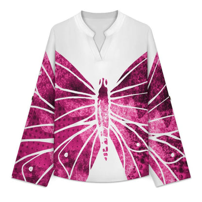 Stand-up Collar Long-sleeved Shirt Red, Butterfly  Customization Women’s V-Neck Blouses,long Sleeve,Roll-Up Sleeve Shirt