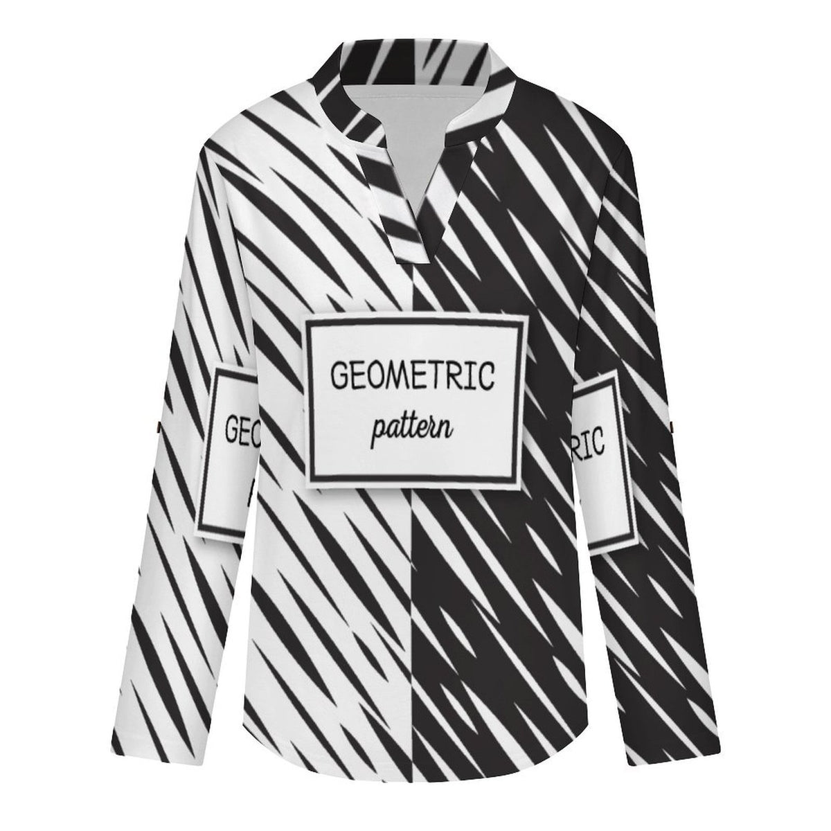 Stand-up Collar Long-sleeved Shirt Black And White Twill  Customization Women’s V-Neck Blouses,long Sleeve,Roll-Up Sleeve Shirt