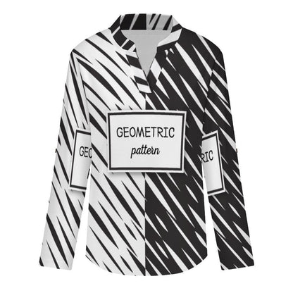 Stand-up Collar Long-sleeved Shirt Black And White Twill  Customization Women’s V-Neck Blouses,long Sleeve,Roll-Up Sleeve Shirt