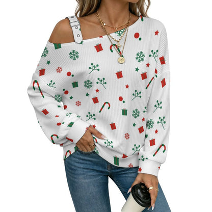 Off-the-shoulder Sweater Christmas Snow  Asymmetric Cold Shoulder Knit Sweater for Women, Adjustable Buckle Strap Long Sleeve Casual Slouchy Pullover