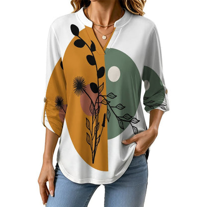 Stand-up Collar Long-sleeved Shirt Chinese Wind Scenery  Customization Women’s V-Neck Blouses,long Sleeve,Roll-Up Sleeve Shirt