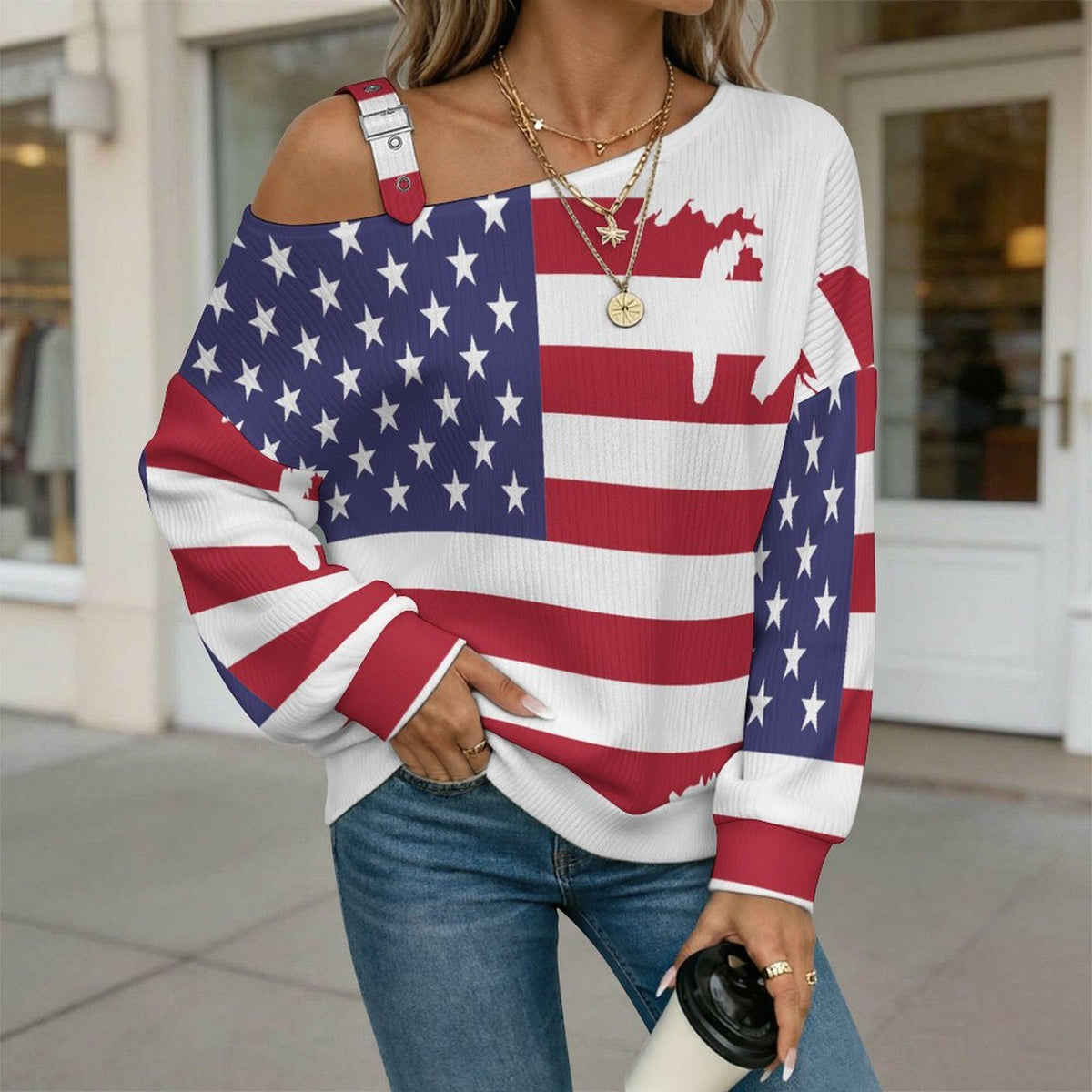 Off-the-shoulder Sweater American Flag Style Map  Asymmetric Cold Shoulder Knit Sweater for Women, Adjustable Buckle Strap Long Sleeve Casual Slouchy Pullover