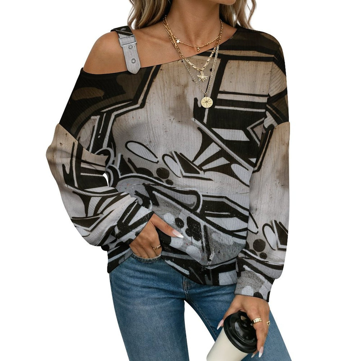 Off-the-shoulder Sweater Black And White Geometric Puzzle  Asymmetric Cold Shoulder Knit Sweater for Women, Adjustable Buckle Strap Long Sleeve Casual Slouchy Pullover