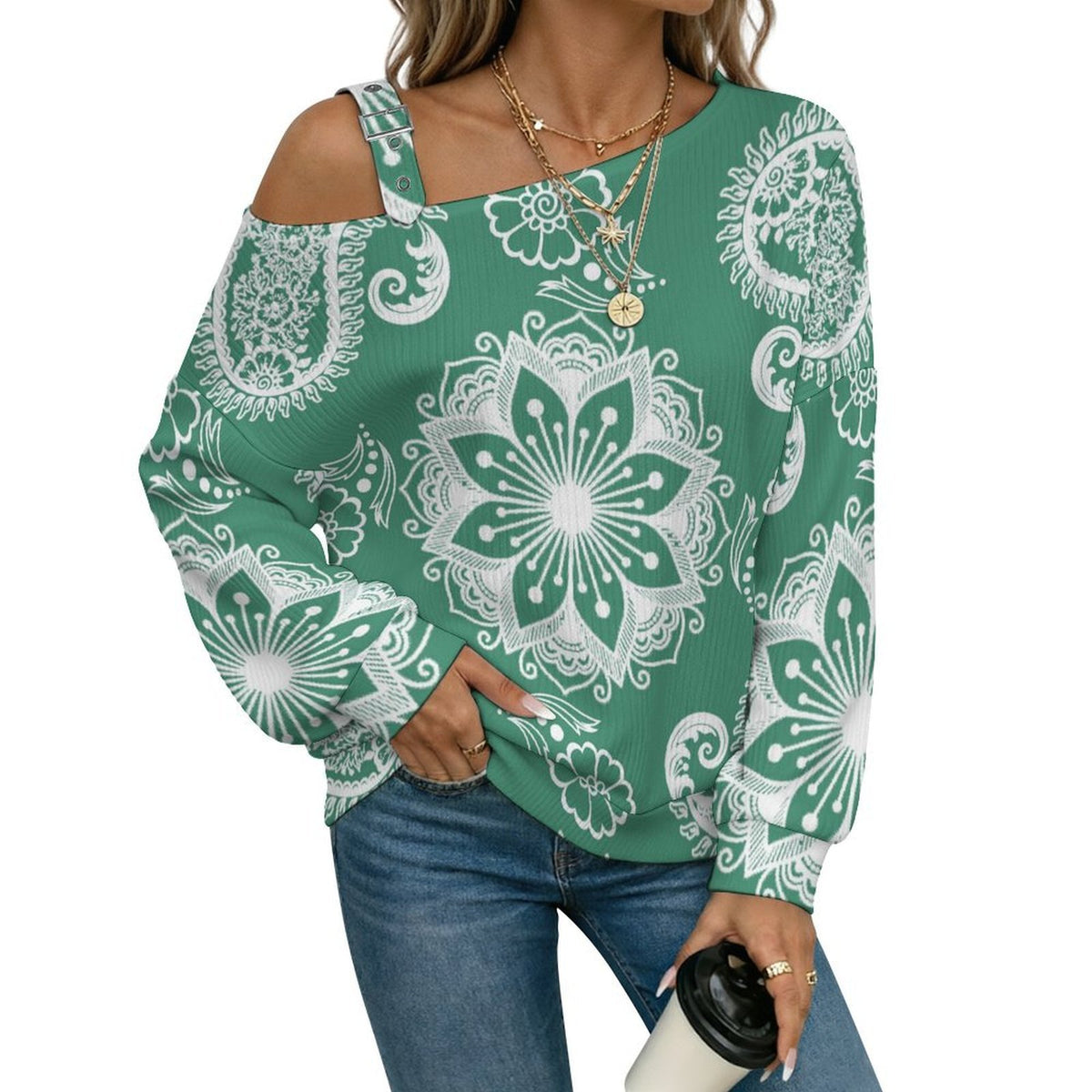 Off-the-shoulder Sweater Paisley Texture Green Repeat Tile  Asymmetric Cold Shoulder Knit Sweater for Women, Adjustable Buckle Strap Long Sleeve Casual Slouchy Pullover