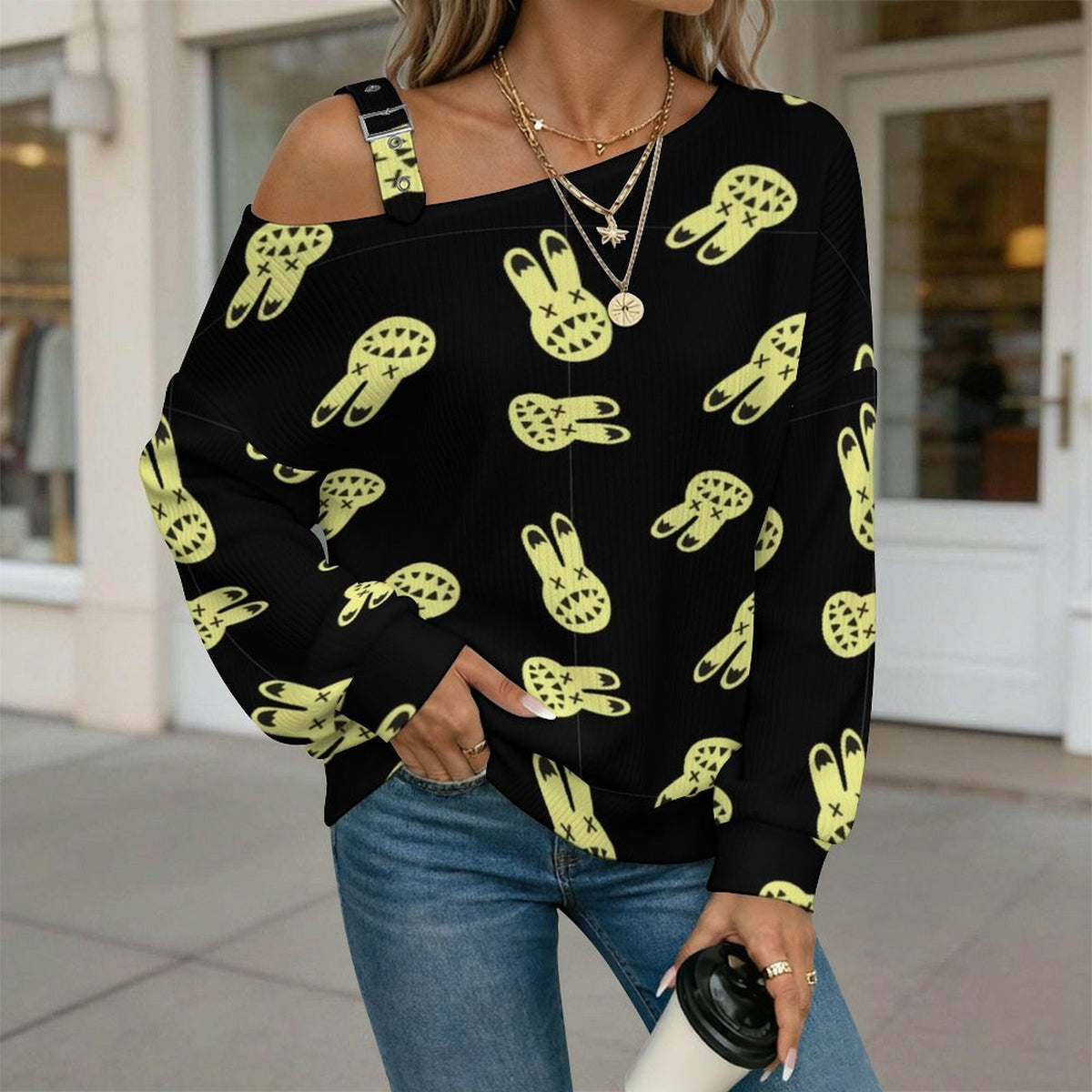 Off-the-shoulder Sweater Rabbit Background  Asymmetric Cold Shoulder Knit Sweater for Women, Adjustable Buckle Strap Long Sleeve Casual Slouchy Pullover