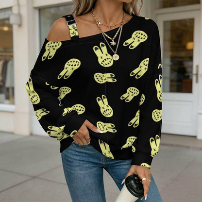 Off-the-shoulder Sweater Rabbit Background  Asymmetric Cold Shoulder Knit Sweater for Women, Adjustable Buckle Strap Long Sleeve Casual Slouchy Pullover