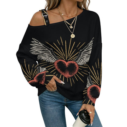 Off-the-shoulder Sweater Wing Heart  Asymmetric Cold Shoulder Knit Sweater for Women, Adjustable Buckle Strap Long Sleeve Casual Slouchy Pullover