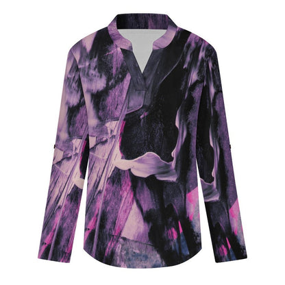 Stand-up Collar Long-sleeved Shirt Purple, Black Pattern  Customization Women’s V-Neck Blouses,long Sleeve,Roll-Up Sleeve Shirt
