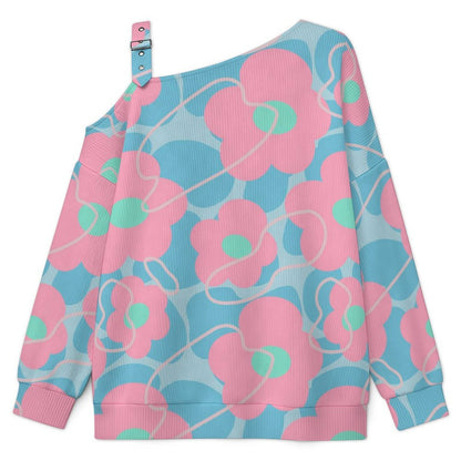 Off-the-shoulder Sweater Flower-repeat-pattern  Asymmetric Cold Shoulder Knit Sweater for Women, Adjustable Buckle Strap Long Sleeve Casual Slouchy Pullover