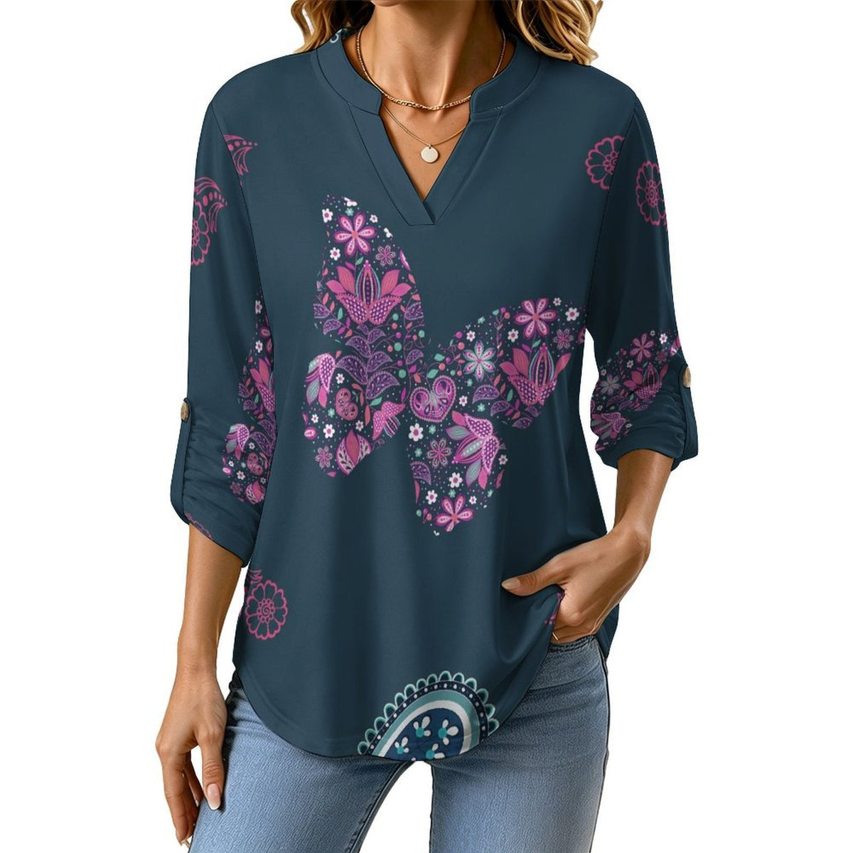 Women's Notched V Neck Tunic Tops, Roll Up 3/4 Sleeve Button Cuff Casual Blouse, Hem Loose Work Shirts  Paisley Texture Butterfly Repeat Tile Texture