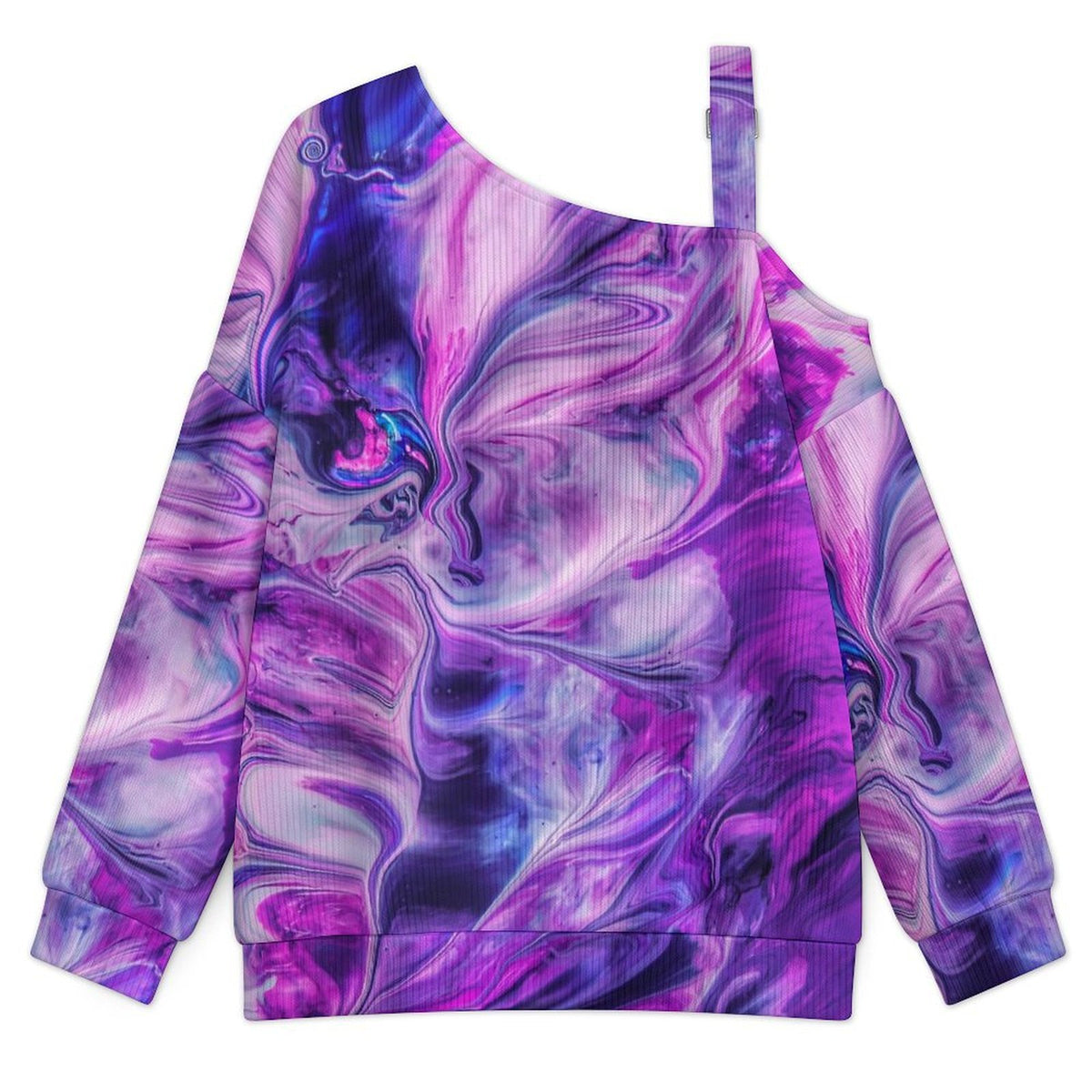 Off-the-shoulder Sweater Purple Water Ripple  Asymmetric Cold Shoulder Knit Sweater for Women, Adjustable Buckle Strap Long Sleeve Casual Slouchy Pullover
