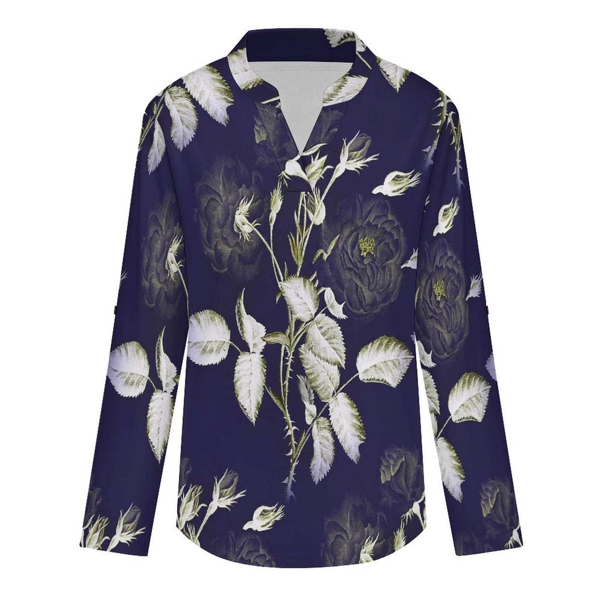 Stand-up Collar Long-sleeved Shirt Purple, Flowers, Patterns  Customization Women’s V-Neck Blouses,long Sleeve,Roll-Up Sleeve Shirt