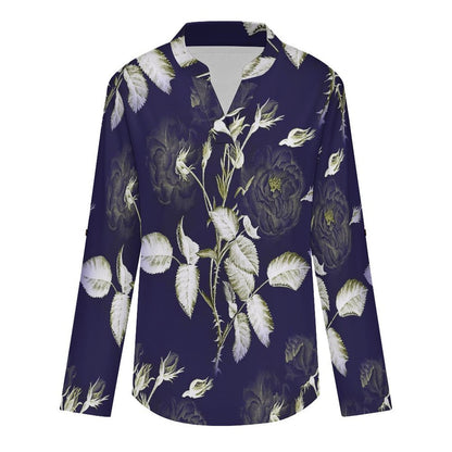 Stand-up Collar Long-sleeved Shirt Purple, Flowers, Patterns  Customization Women’s V-Neck Blouses,long Sleeve,Roll-Up Sleeve Shirt