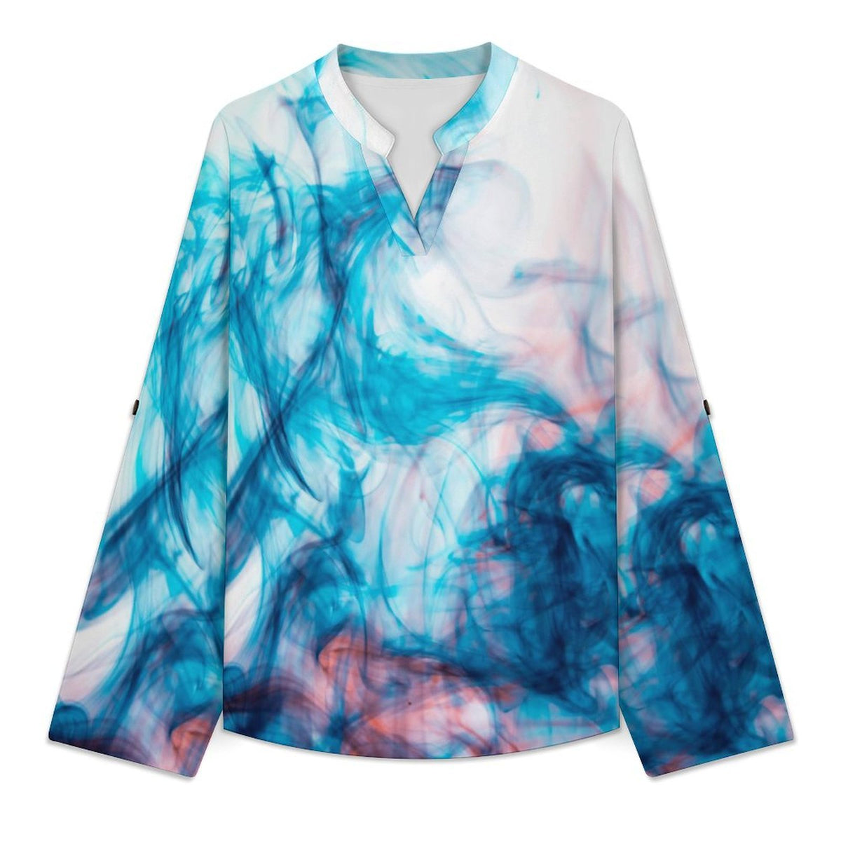 Stand-up Collar Long-sleeved Shirt Blue Smoke  Customization Women’s V-Neck Blouses,long Sleeve,Roll-Up Sleeve Shirt