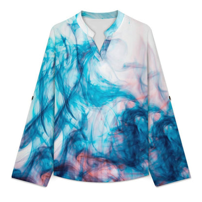 Stand-up Collar Long-sleeved Shirt Blue Smoke  Customization Women’s V-Neck Blouses,long Sleeve,Roll-Up Sleeve Shirt