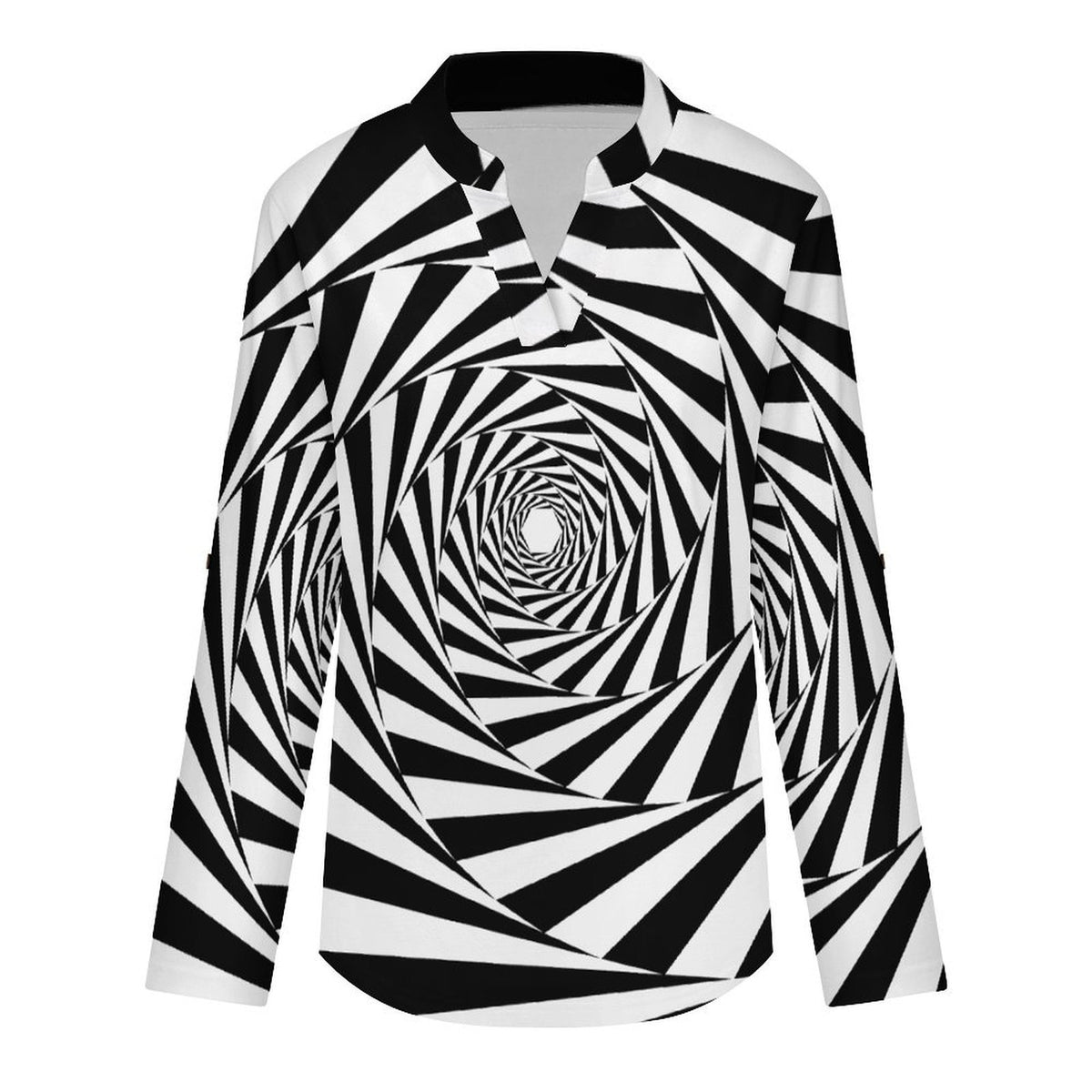Black And White Interleaving Pattern Roll Tab 3/4 Sleeve Notched V Neck Tunic Blouse