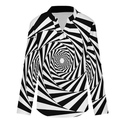 Black And White Interleaving Pattern Roll Tab 3/4 Sleeve Notched V Neck Tunic Blouse