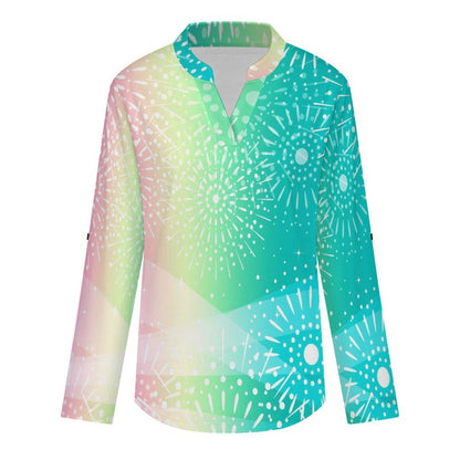 Stand-up Collar Long-sleeved Shirt Rainbow, Color Pattern white SWomen’s V-Neck Blouses