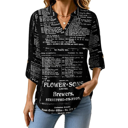 Stand-up Collar Long-sleeved Shirt Newspaper Vintage Dress white S Women’s V-Neck Blouses