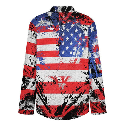 Stand-up Collar Long-sleeved Shirt American Flag Heart  Customization Women’s V-Neck Blouses,long Sleeve,Roll-Up Sleeve Shirt