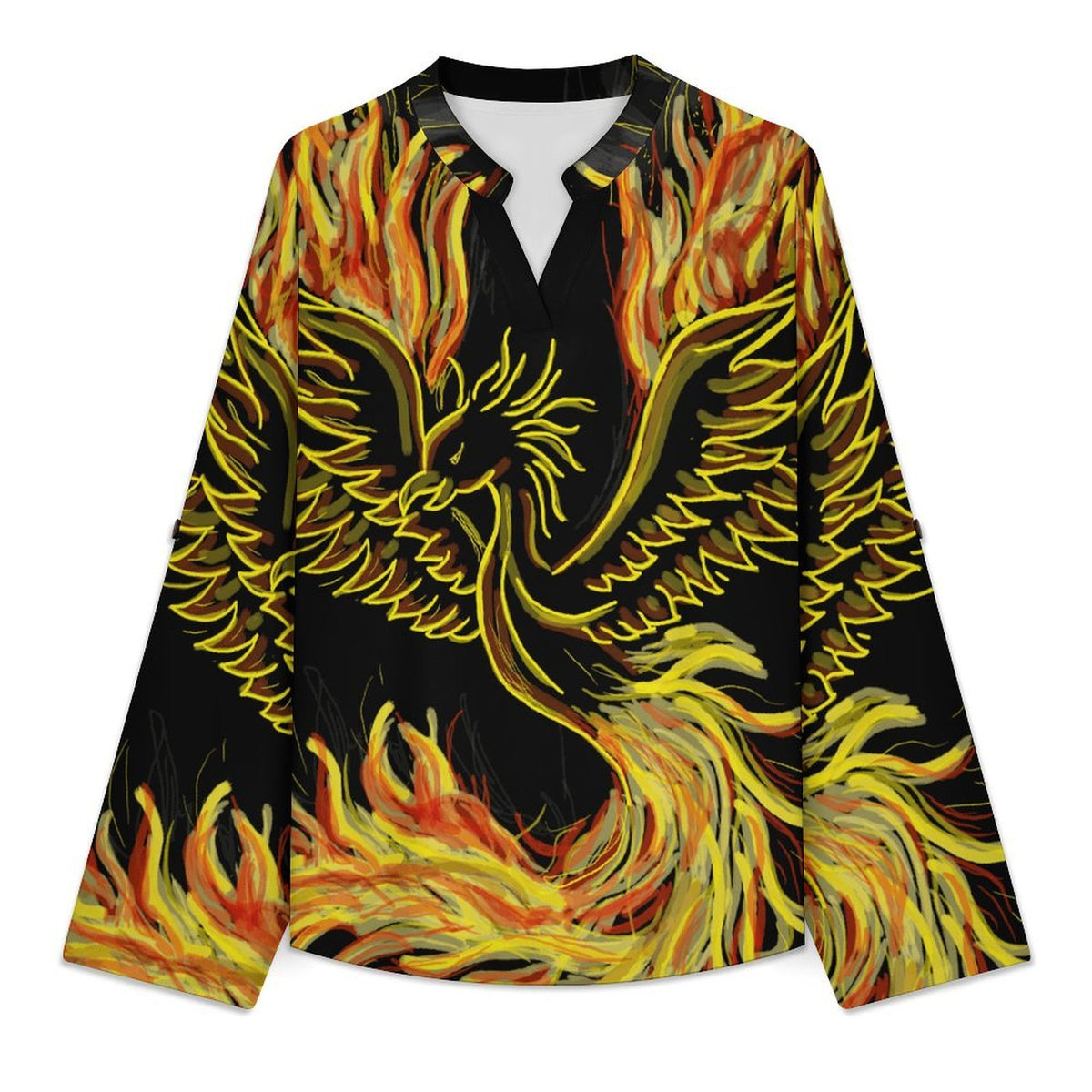 Stand-up Collar Long-sleeved Shirt Fire, Gold, Birds  Customization Women’s V-Neck Blouses,long Sleeve,Roll-Up Sleeve Shirt