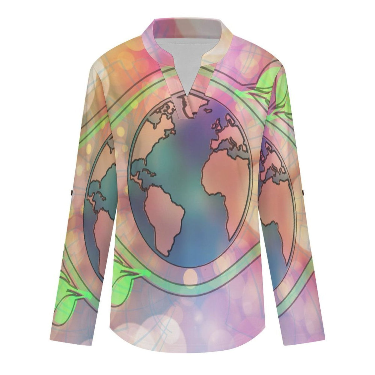 Stand-up Collar Long-sleeved Shirt Plants, Protect The Earth  Customization Women’s V-Neck Blouses,long Sleeve,Roll-Up Sleeve Shirt