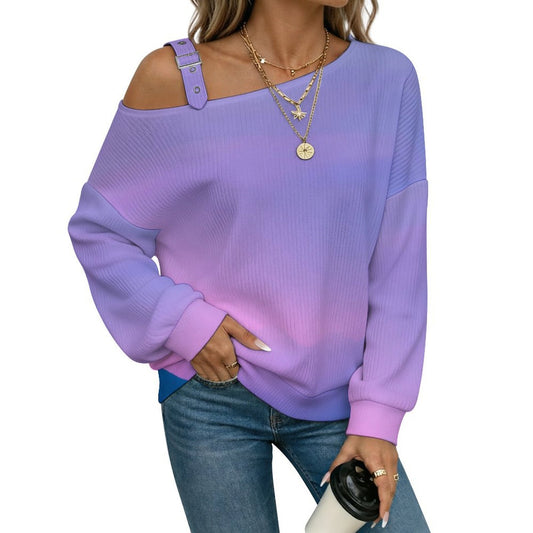 Off-the-shoulder Sweater Mist in The Mountains  Asymmetric Cold Shoulder Knit Sweater for Women, Adjustable Buckle Strap Long Sleeve Casual Slouchy Pullover