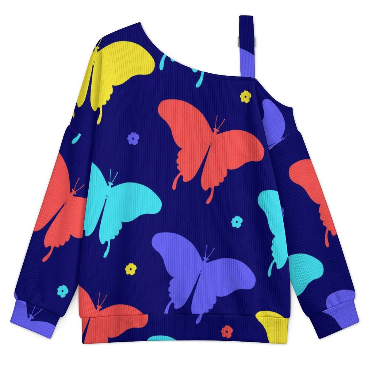 Off-the-shoulder Sweater Butterfly-color-red-blue-yellow-repeat  Asymmetric Cold Shoulder Knit Sweater for Women, Adjustable Buckle Strap Long Sleeve Casual Slouchy Pullover