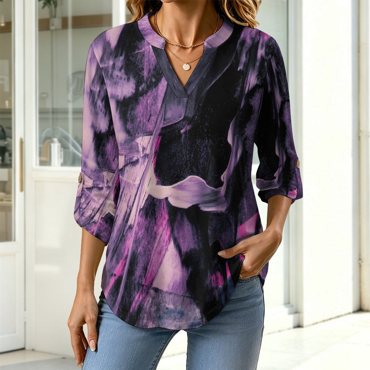 Stand-up Collar Long-sleeved Shirt Purple, Black Pattern  Customization Women’s V-Neck Blouses,long Sleeve,Roll-Up Sleeve Shirt