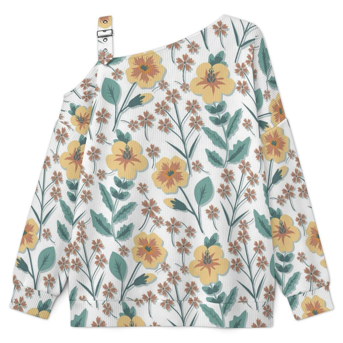 Off-the-shoulder Sweater Floral Pattern  Asymmetric Cold Shoulder Knit Sweater for Women, Adjustable Buckle Strap Long Sleeve Casual Slouchy Pullover