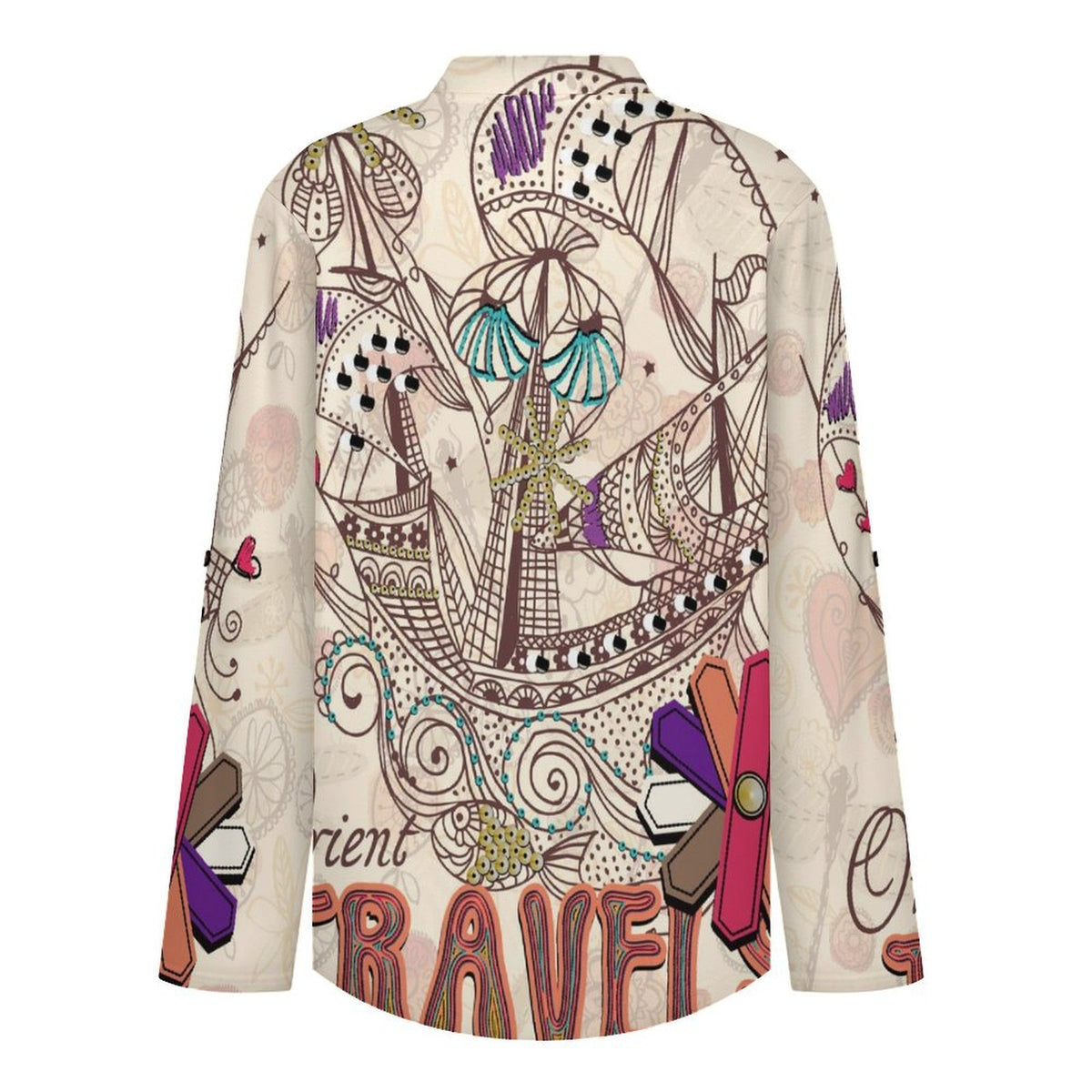 Travels  Women Curved Hem V Neck Roll Sleeve Casual Work Top