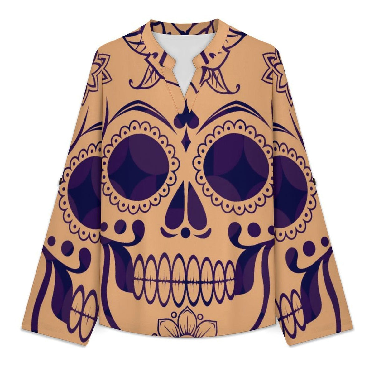 Stand-up Collar Long-sleeved Shirt Skull, Pattern  Customization Women’s V-Neck Blouses,long Sleeve,Roll-Up Sleeve Shirt