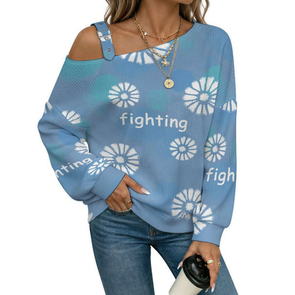 Off-the-shoulder Sweater Tie-dyed Blue Daisy  Asymmetric Cold Shoulder Knit Sweater for Women, Adjustable Buckle Strap Long Sleeve Casual Slouchy Pullover