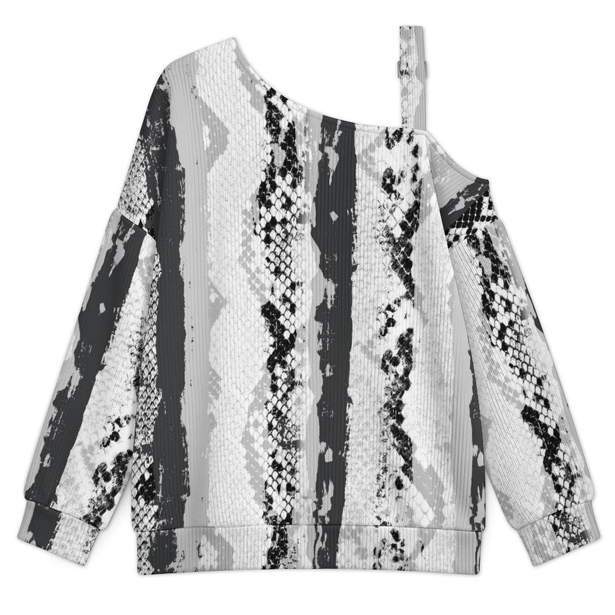 Off-the-shoulder Sweater Black And White Pattern  Asymmetric Cold Shoulder Knit Sweater for Women, Adjustable Buckle Strap Long Sleeve Casual Slouchy Pullover