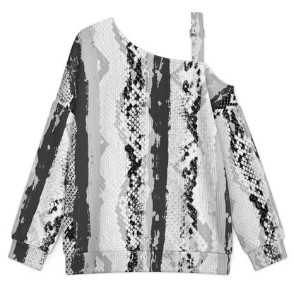 Off-the-shoulder Sweater Black And White Pattern  Asymmetric Cold Shoulder Knit Sweater for Women, Adjustable Buckle Strap Long Sleeve Casual Slouchy Pullover
