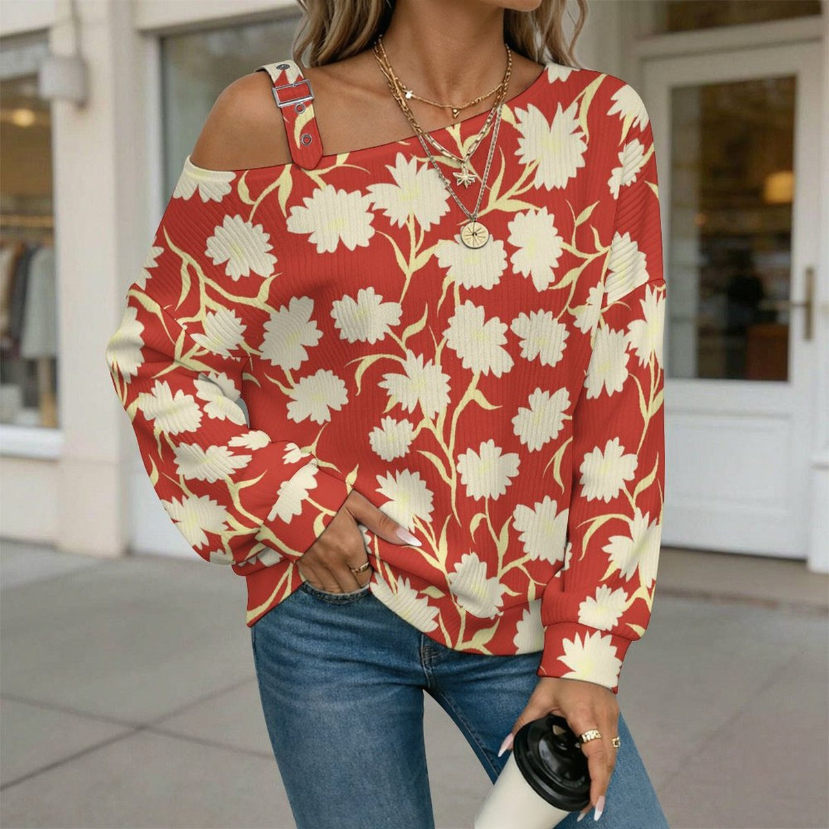 Off-the-shoulder Sweater Red Flower  Asymmetric Cold Shoulder Knit Sweater for Women, Adjustable Buckle Strap Long Sleeve Casual Slouchy Pullover