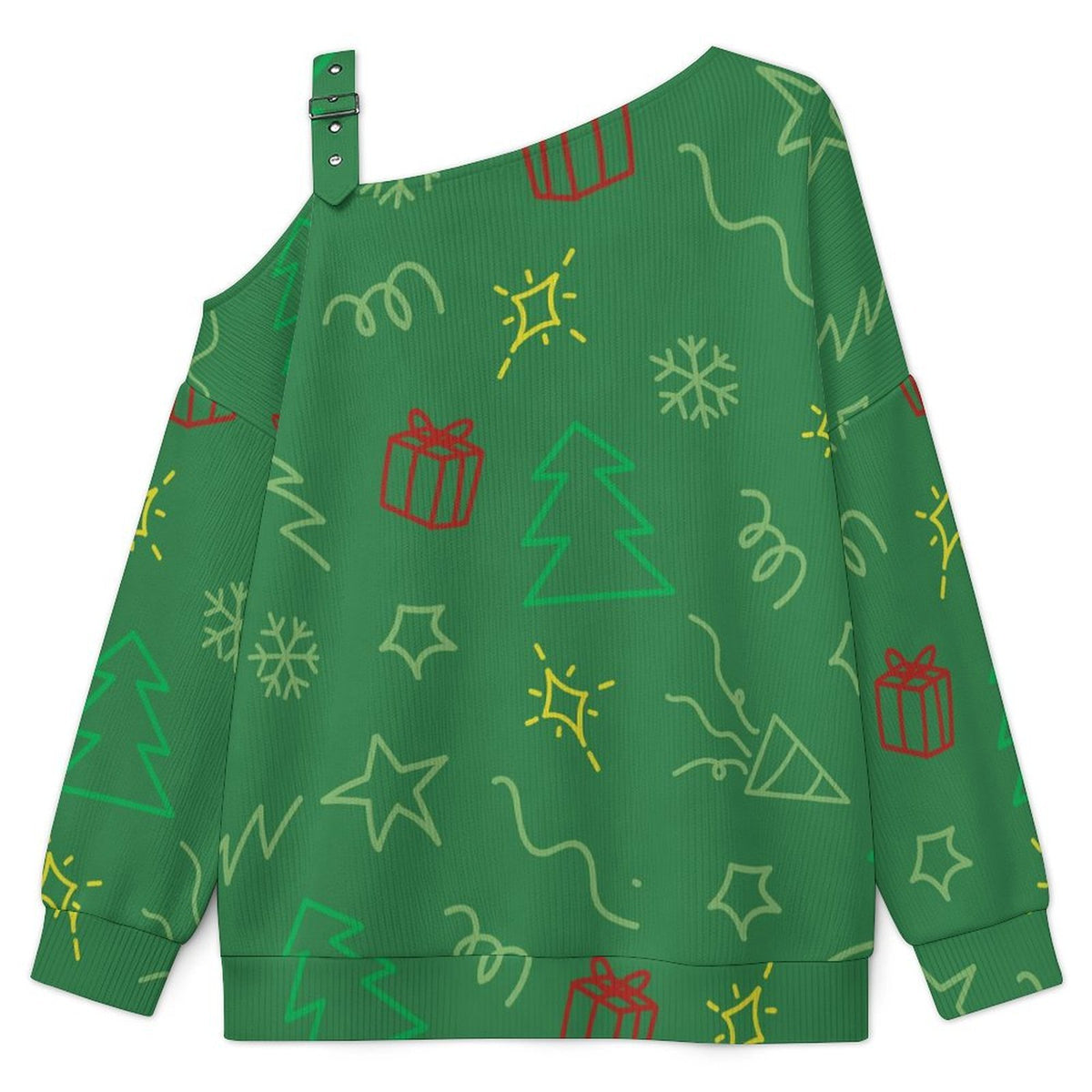Off-the-shoulder Sweater Christmas Pattern Christmas Tree Green Simple Stroke  Asymmetric Cold Shoulder Knit Sweater for Women, Adjustable Buckle Strap Long Sleeve Casual Slouchy Pullover