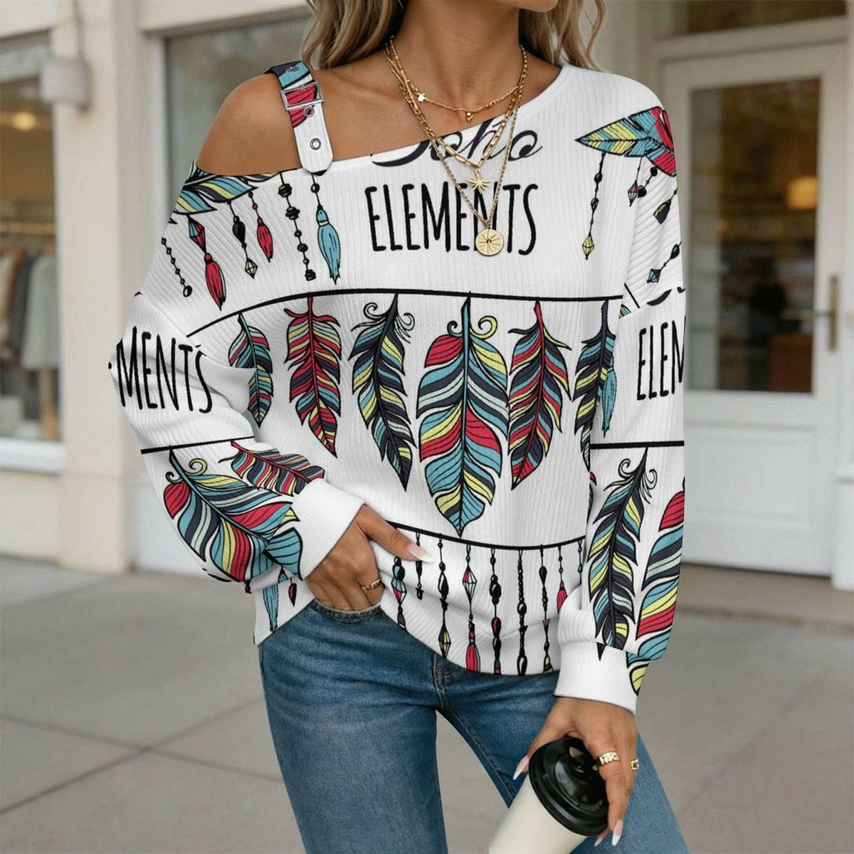 Off-the-shoulder Sweater Boho Style  Asymmetric Cold Shoulder Knit Sweater for Women, Adjustable Buckle Strap Long Sleeve Casual Slouchy Pullover