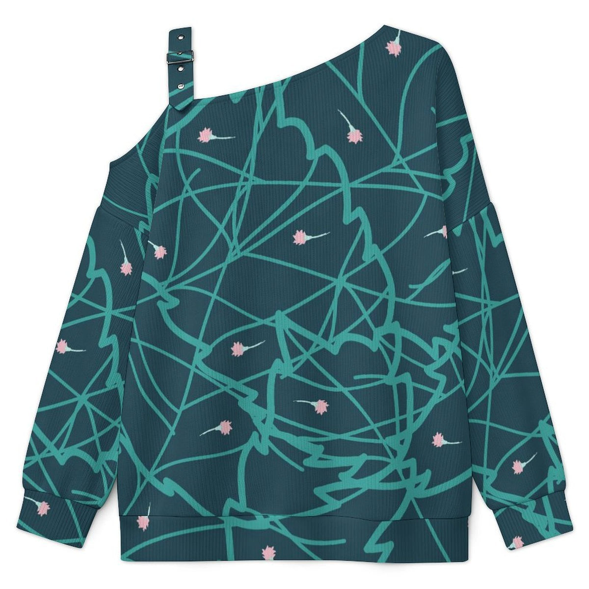 Off-the-shoulder Sweater Line Design, Flowers  Asymmetric Cold Shoulder Knit Sweater for Women, Adjustable Buckle Strap Long Sleeve Casual Slouchy Pullover