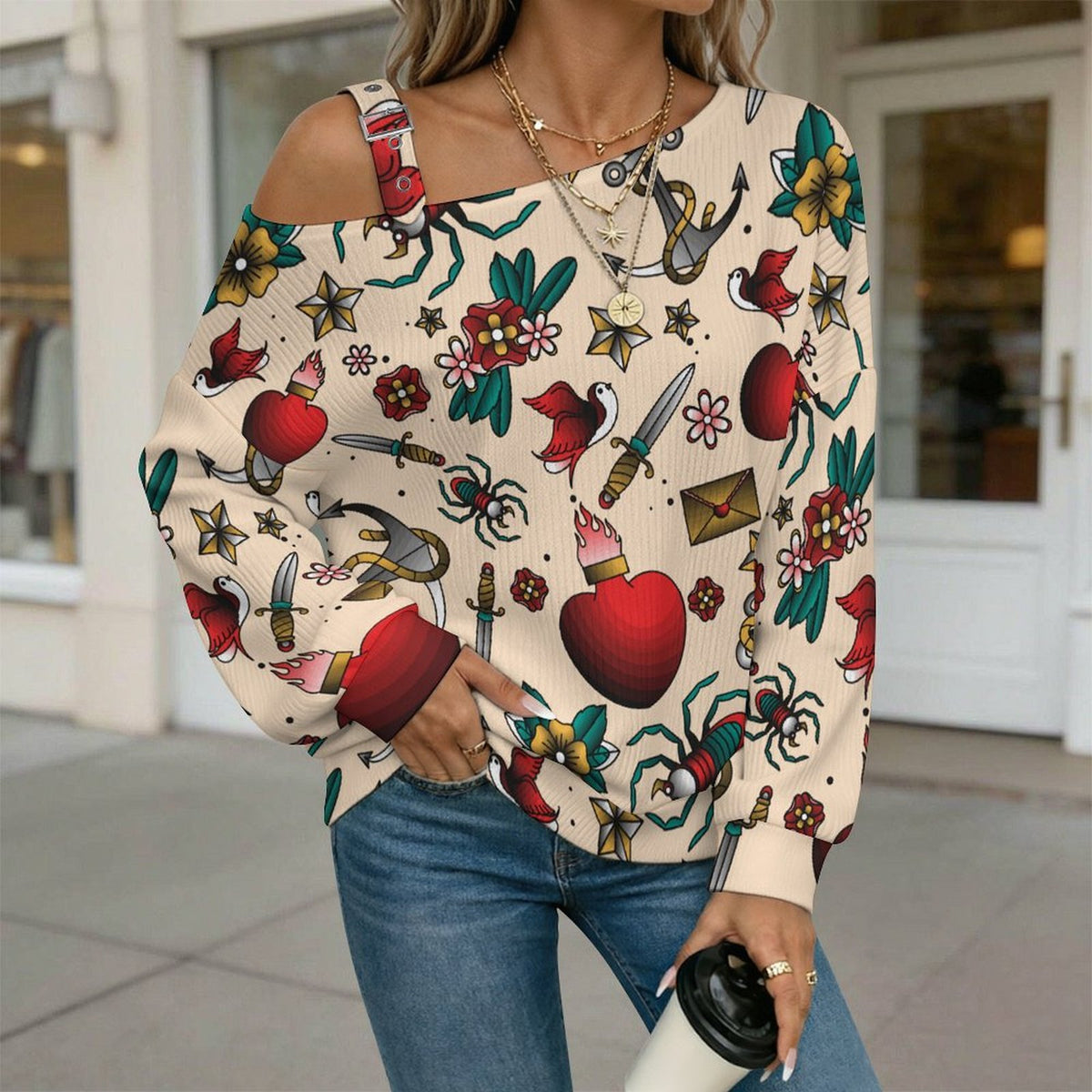 Women’s Off-Shoulder Knit Sweater Vintage Pattern, Old School