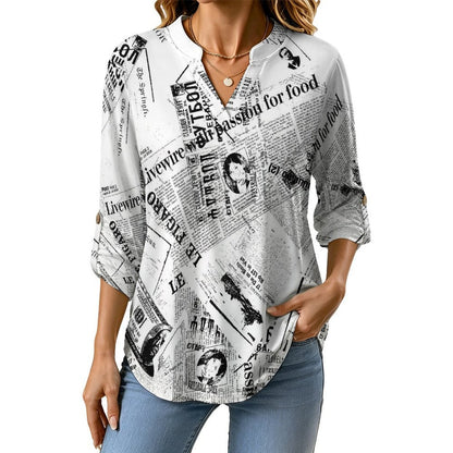 Newspaper Dress  Women Curved Hem V Neck Roll Sleeve Casual Work Top