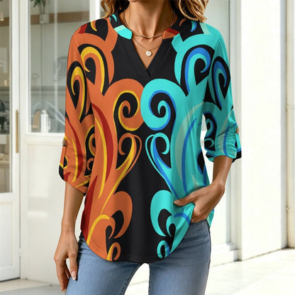 Stand-up Collar Long-sleeved Shirt Flame, Two-color  Customization Women’s V-Neck Blouses,long Sleeve,Roll-Up Sleeve Shirt