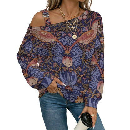 Fall Casual Asymmetric Shoulder Knit Top with Buckle Detail Retro Pattern, Bird
